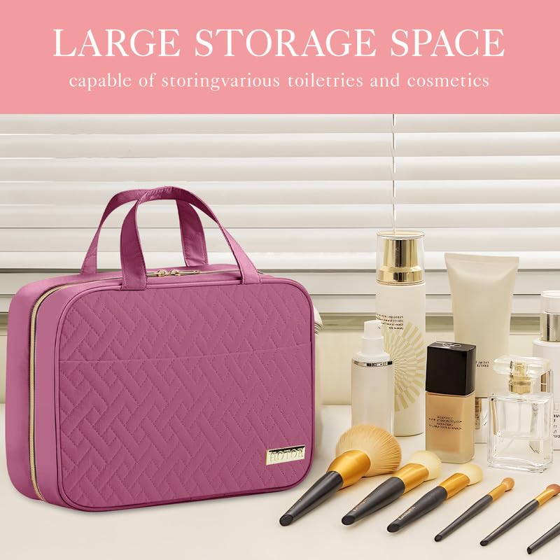 HOTOR travel toiletry bag open, showing spacious layout for organized items.