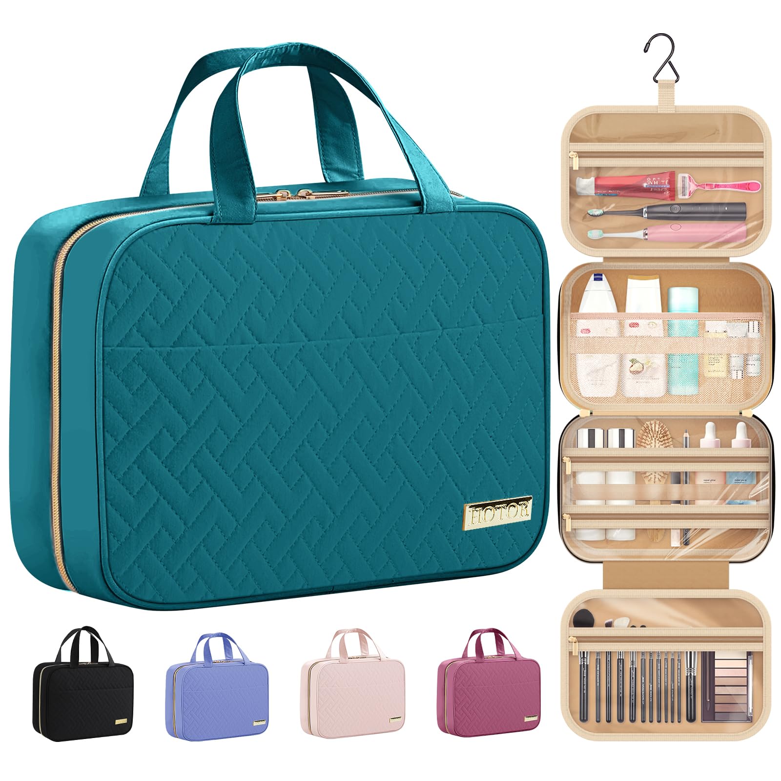 HOTOR travel toiletry bag teal hanging hook keeps cosmetics organized on trips.