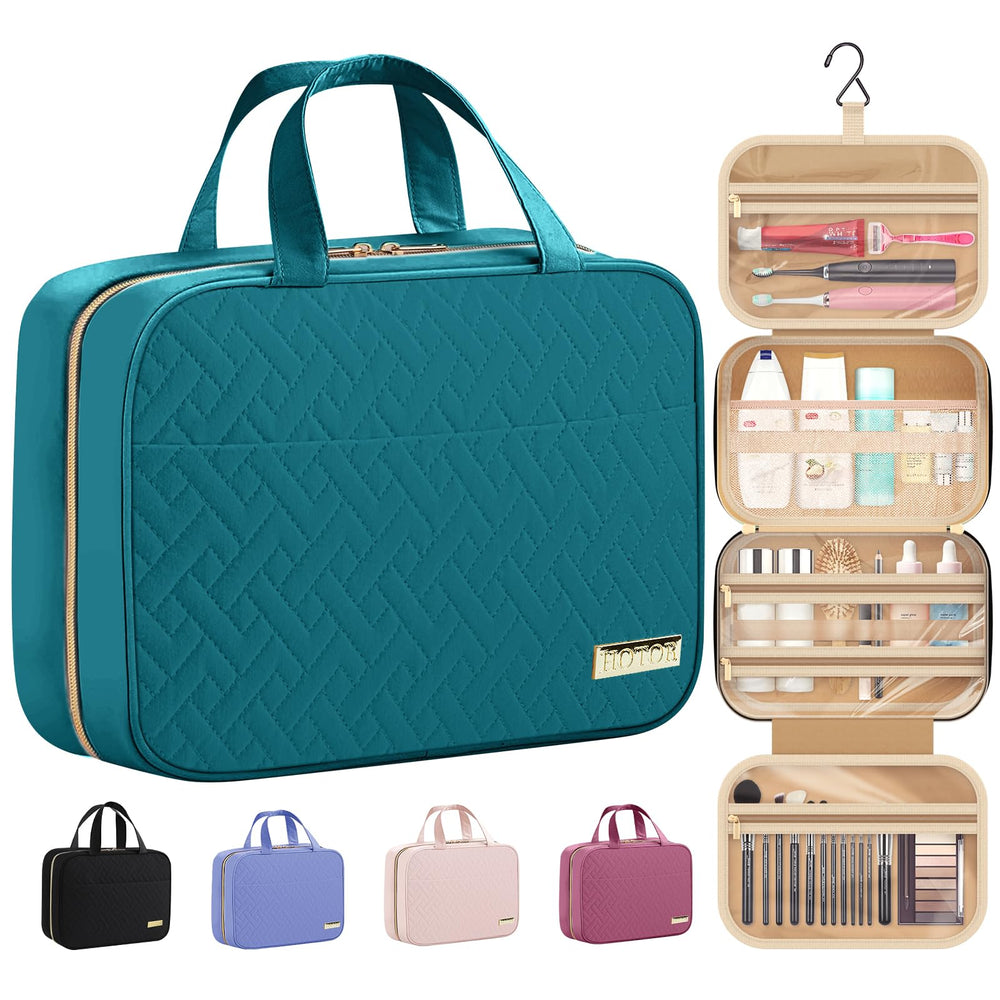HOTOR travel toiletry bag teal hanging hook keeps cosmetics organized on trips.