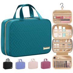 HOTOR travel toiletry bag teal hanging hook keeps cosmetics organized on trips.