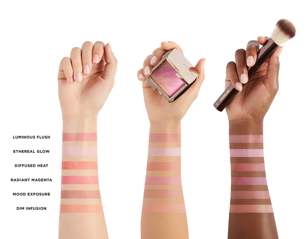 Hourglass Mood Exposure blush swatch on cheek demonstrates vibrant, sheer color with soft-focus finish.