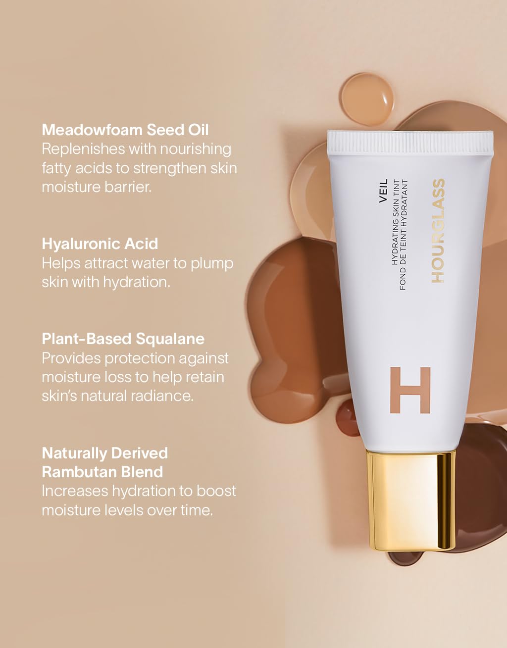 Hourglass Veil Hydrating Skin Tint tint swirled on cheek for dewy translucence