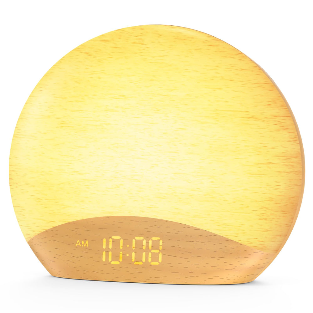 HOUSBAY sunrise-alarm-clock-front-view with natural wood finish for gentle wakeups