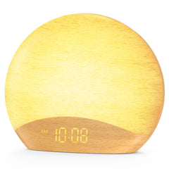HOUSBAY sunrise-alarm-clock-front-view with natural wood finish for gentle wakeups