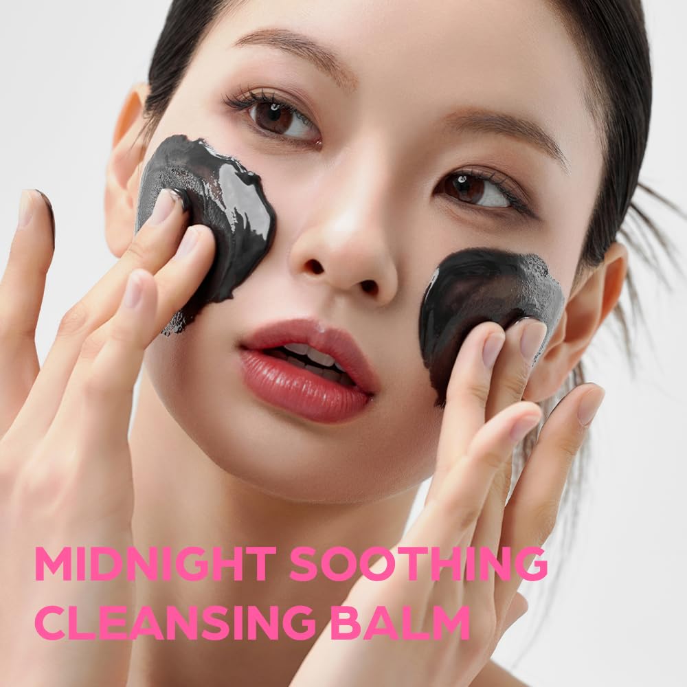 House of Hur Midnight cleansing balm on face with towel signals refreshing cleanse.