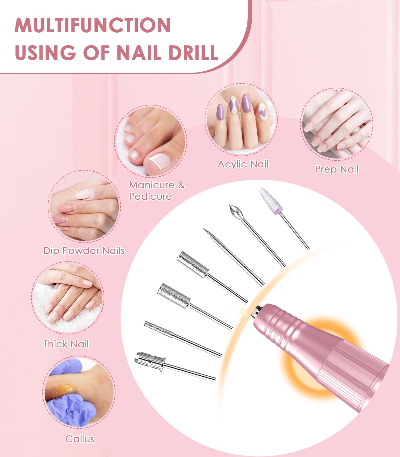 HOUSMV nail drill kit with bits and sanding bands detailing versatility