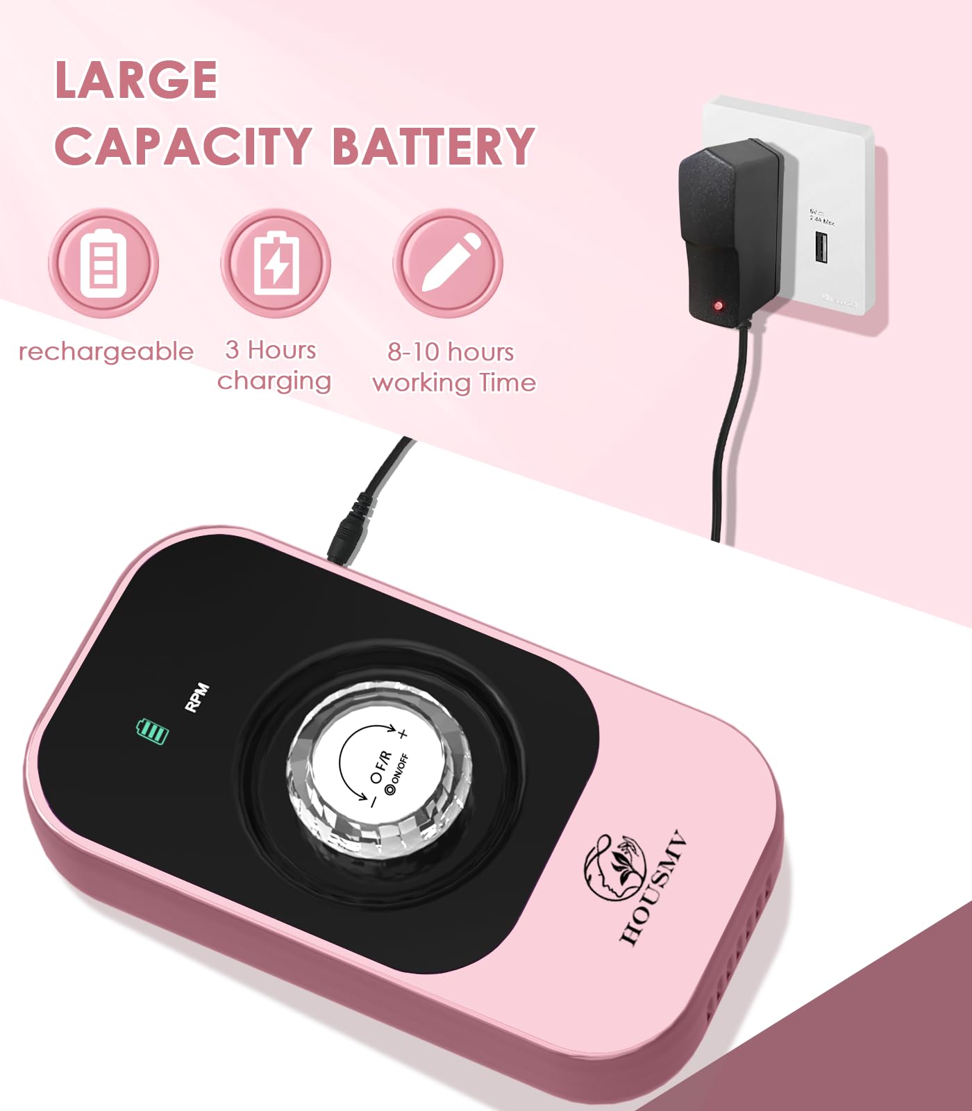 HOUSMV rechargeable nail drill battery display highlighting long-life power for extended sessions