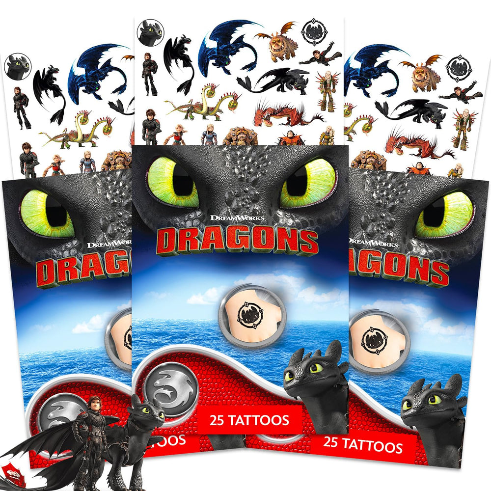 How To Train Your Dragon tattoo set with three sheets, ideal party favors for kids.
