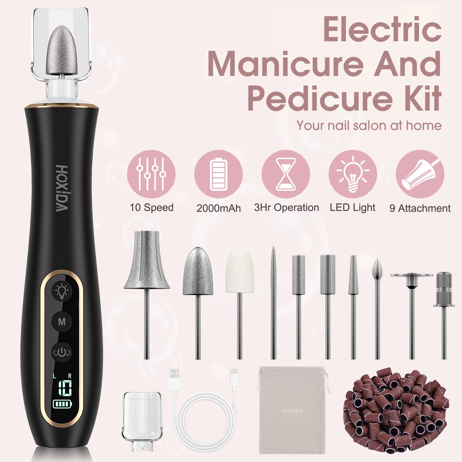 Hoxida cordless nail drill in use for on-the-go manicure sessions.