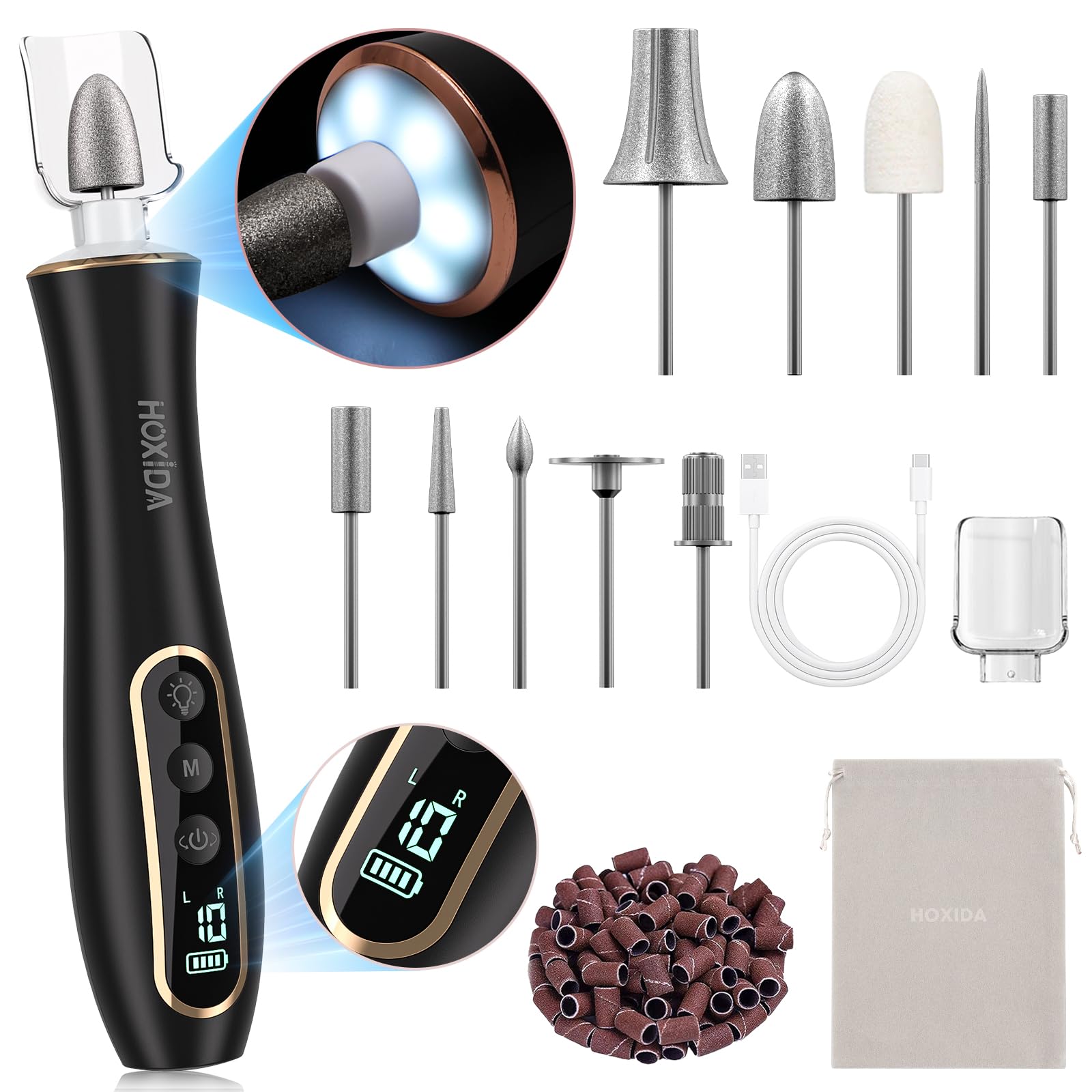 Hoxida electric nail drill with 360° LED light for precise nail shaping.