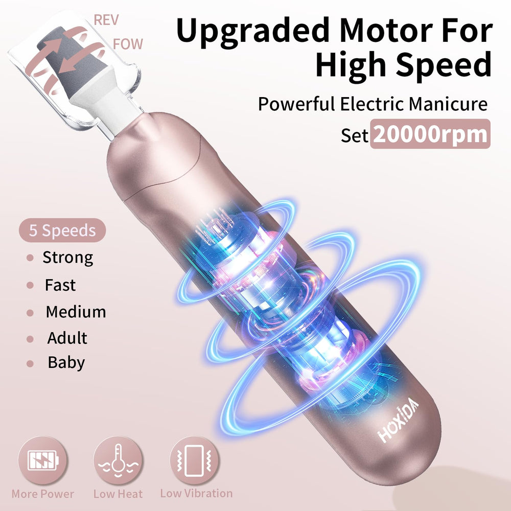Hoxida electric nail file rechargeable, power-ready for extended home mani-pedi routines.