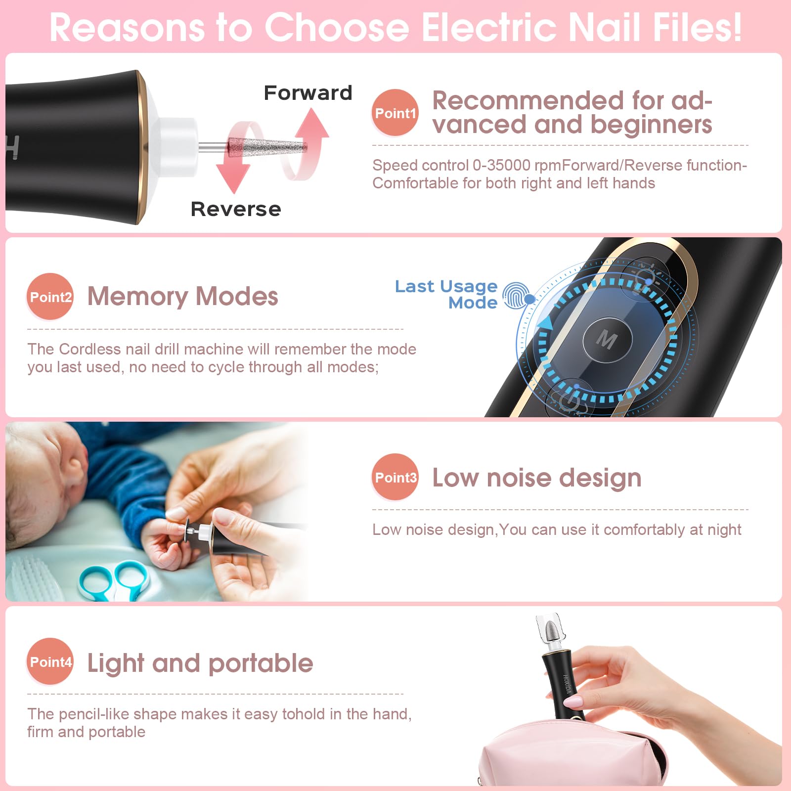 Hoxida low-noise, low-heat design ideal for home pedicures.