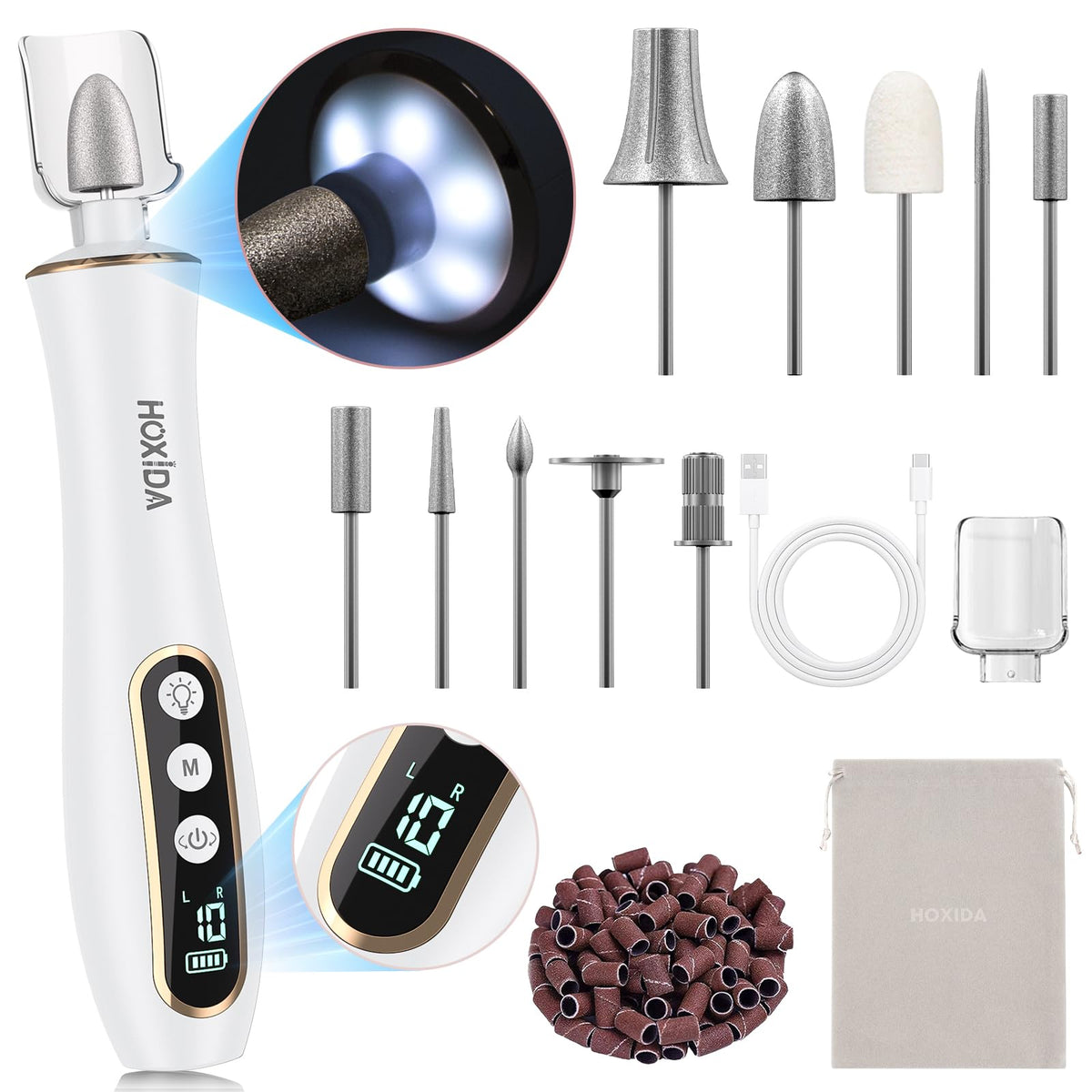 Hoxida nail drill with 360° LED light aids precise at-home manicure.