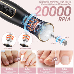 Hoxida rechargeable nail file showing Type-C charging and long battery life.