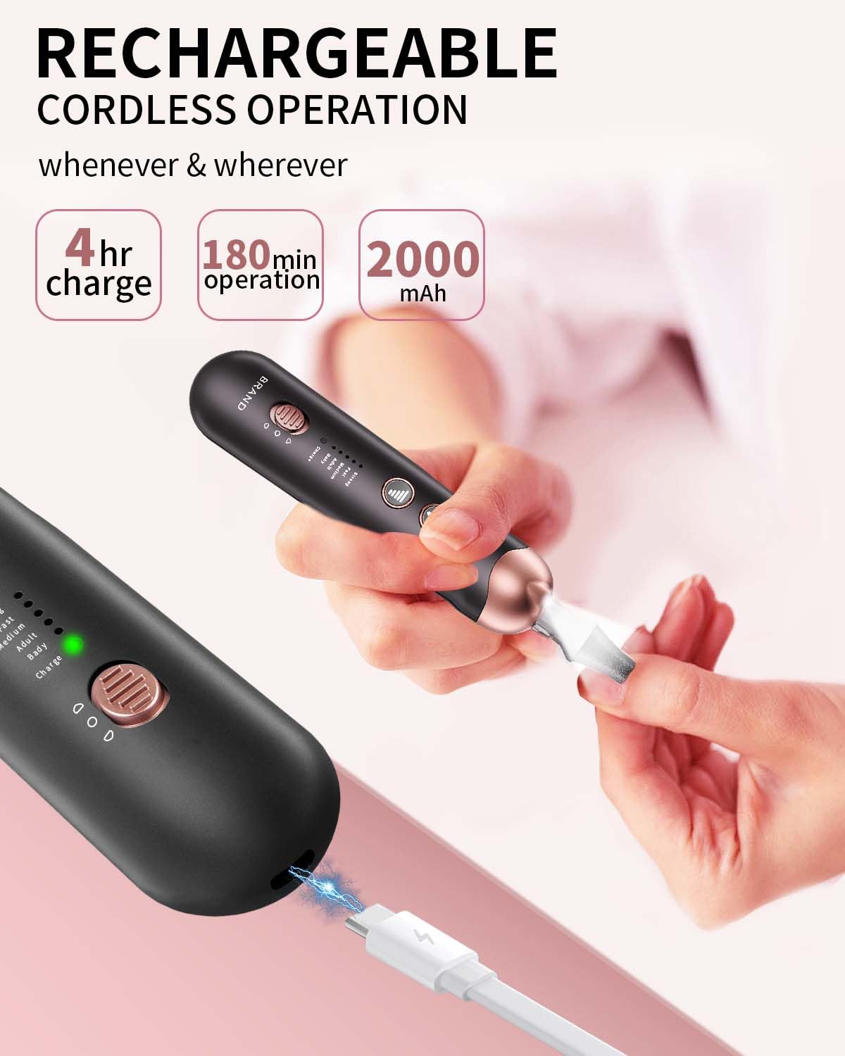 Hoxida rechargeable nail drill with USB-C charging, convenient long sessions.