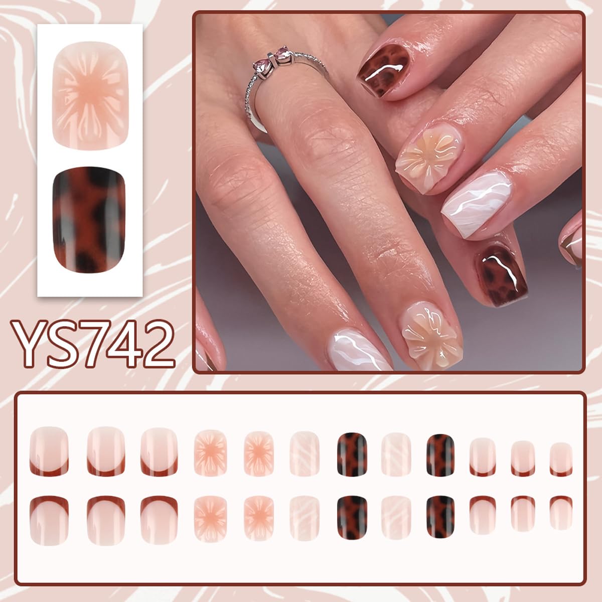 HPYFOI brown tortoise flower design nails, stylish autumn accent for outfits