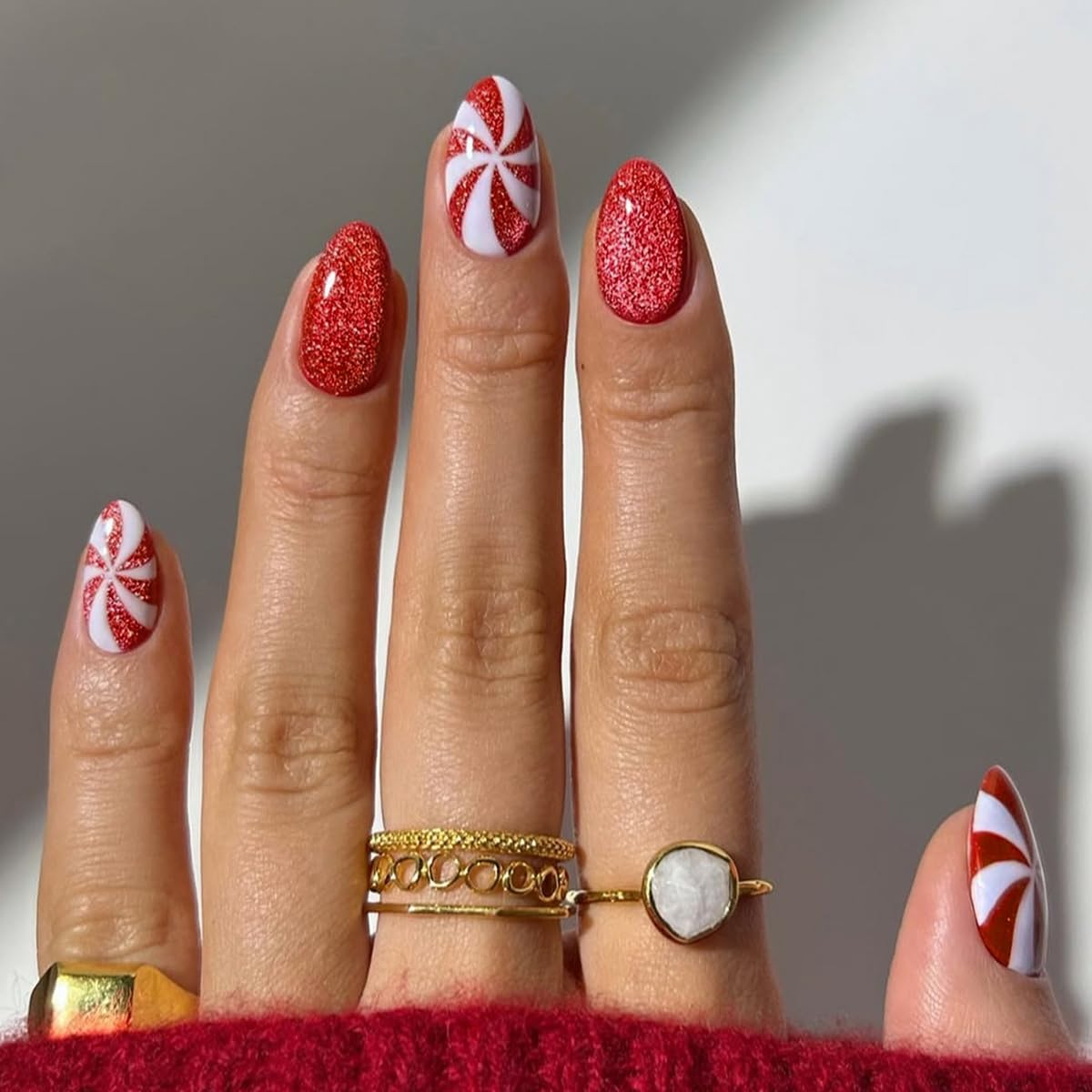 HPYFOI Christmas nails almond shape with red glitter candy cane design for festive wear