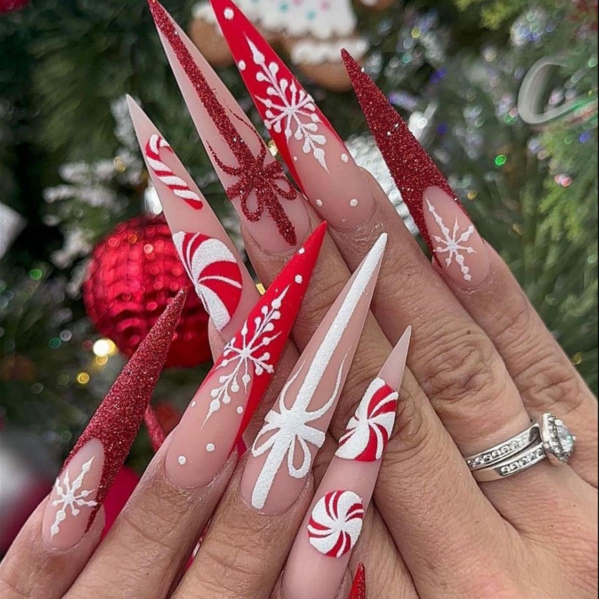HPYFOI Christmas press-on nails long stiletto pack for quick festive manicures
