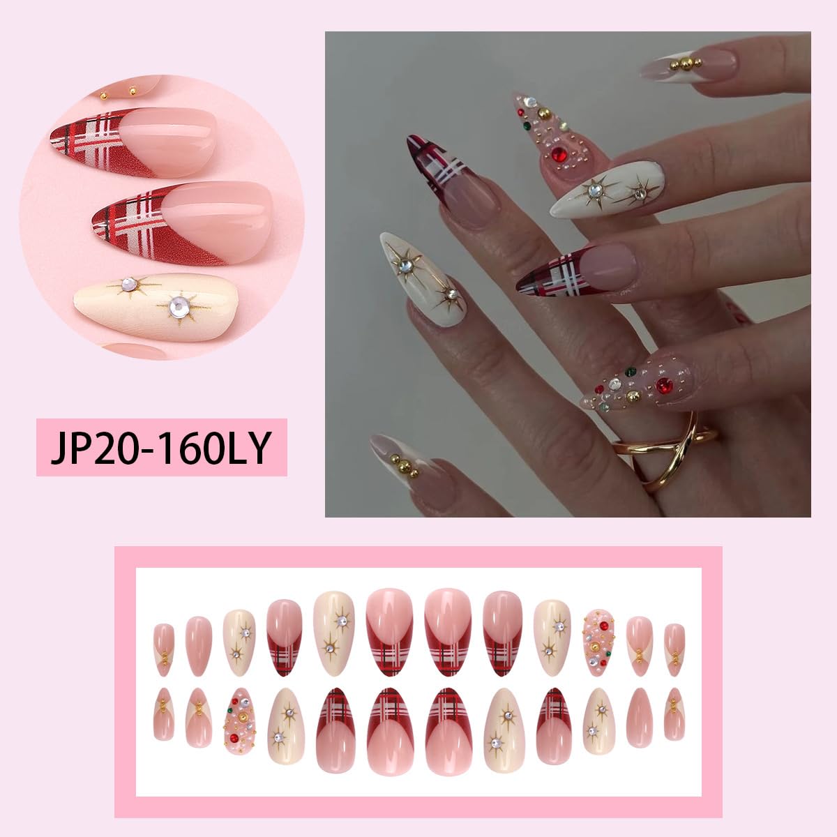 HPYFOI dazzling nail gems plaid detail enhances festive looks with sparkle and charm.