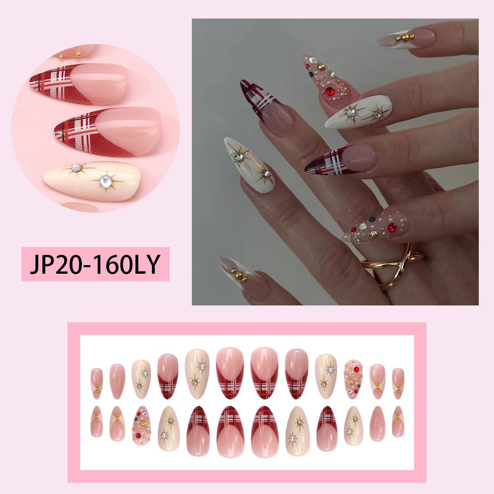 HPYFOI dazzling nail gems plaid detail enhances festive looks with sparkle and charm.
