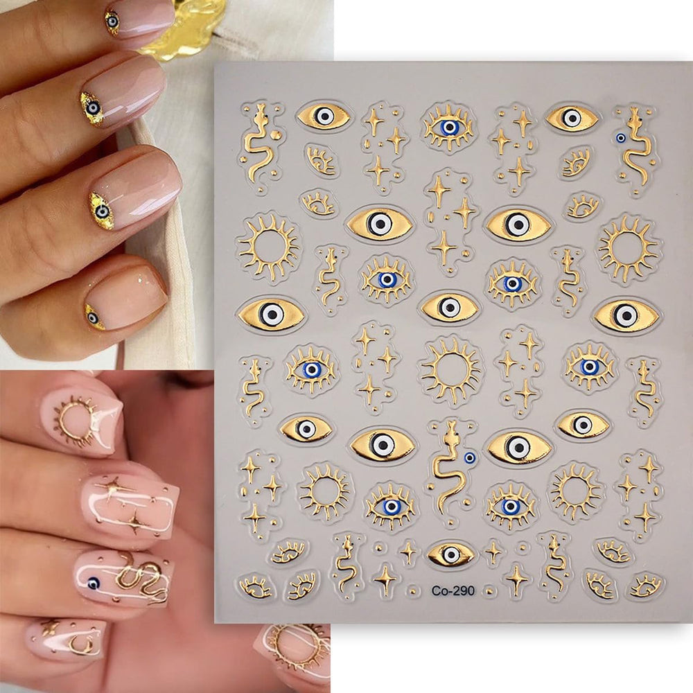 HPYFOI Gold Evil Eye Nail Stickers 3D effect enhances manicure depth.