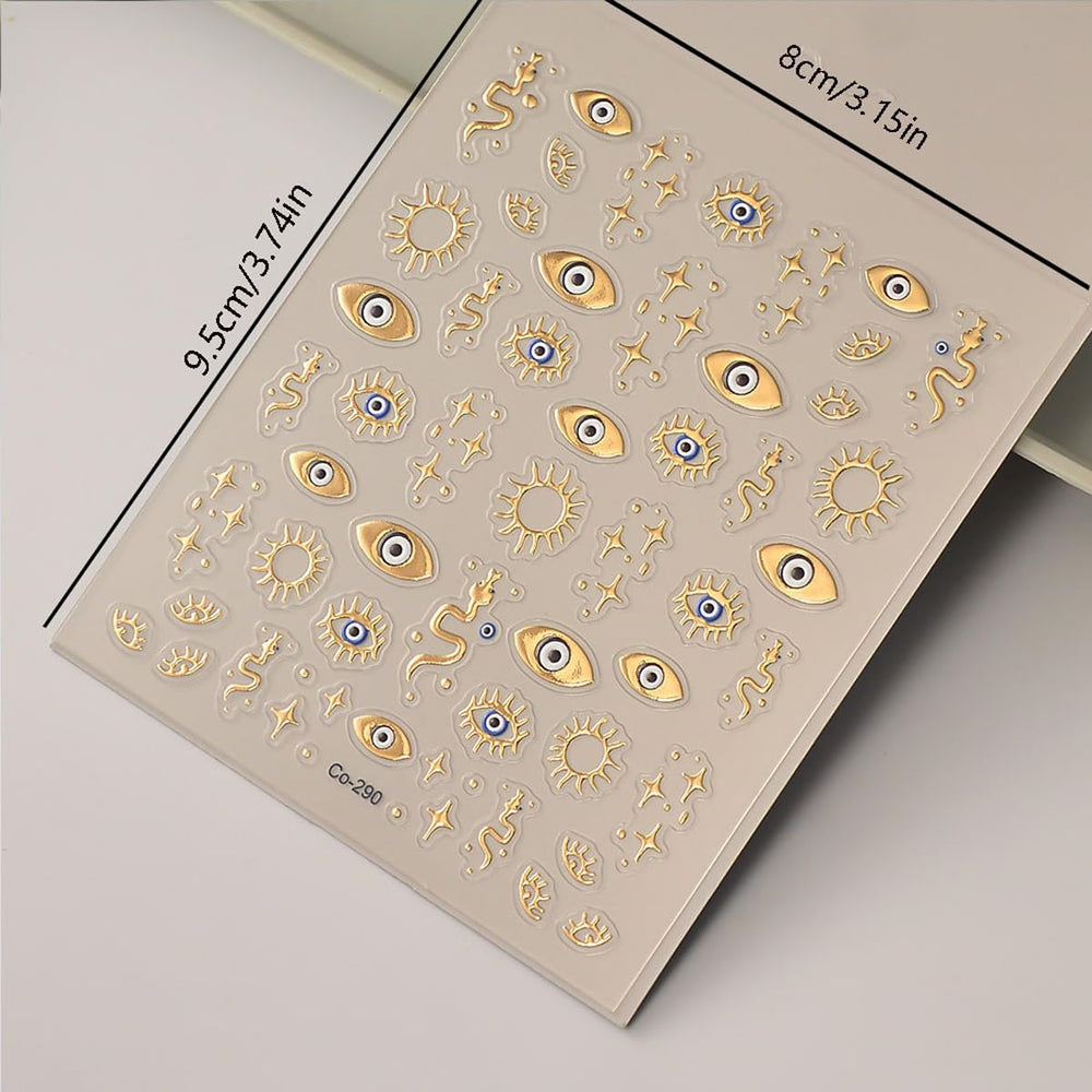 HPYFOI Gold Evil Eye Nail Sticker applied on nail for stylish upgrade.