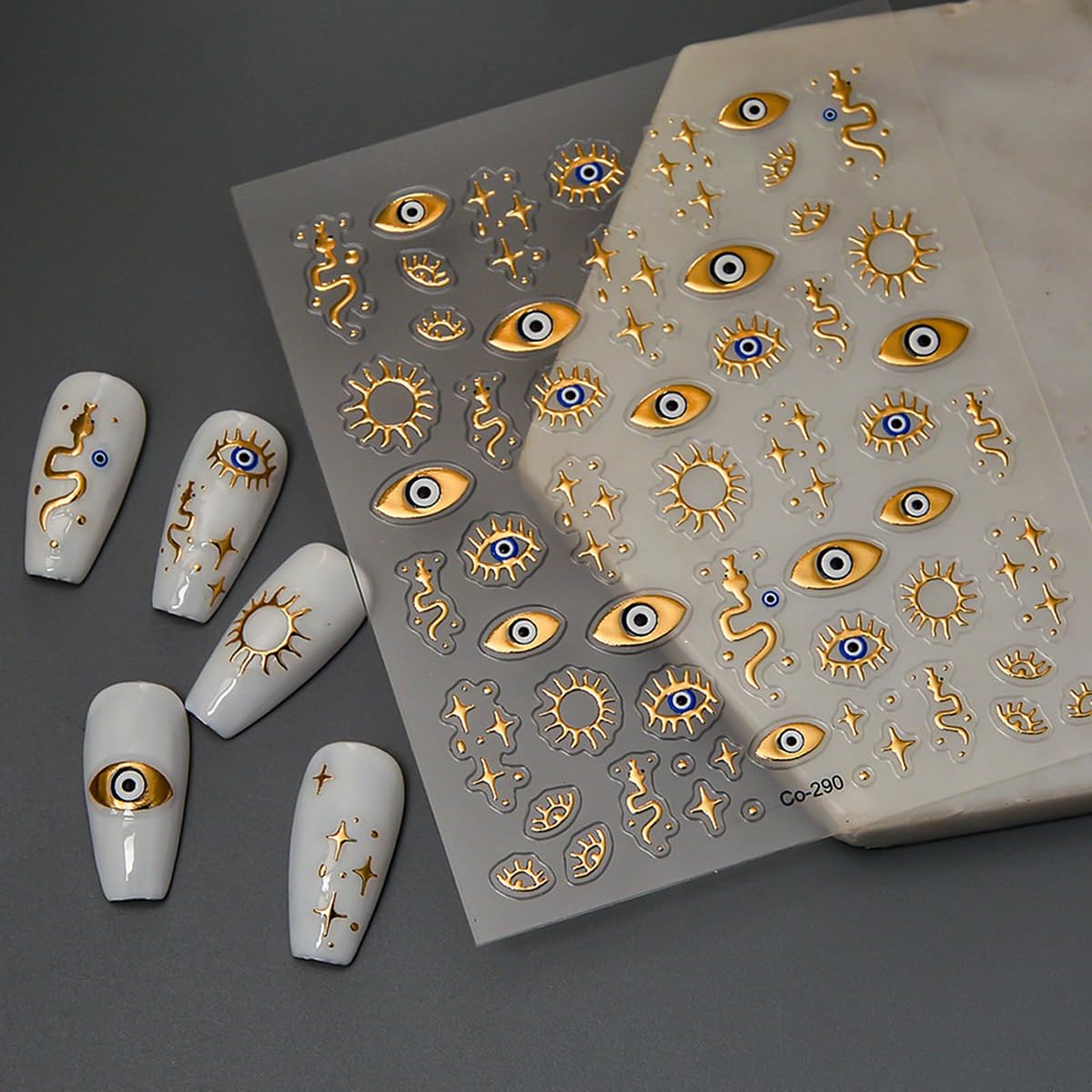 HPYFOI Gold Evil Eye Nail Stickers star moon patterns add luxe flair.