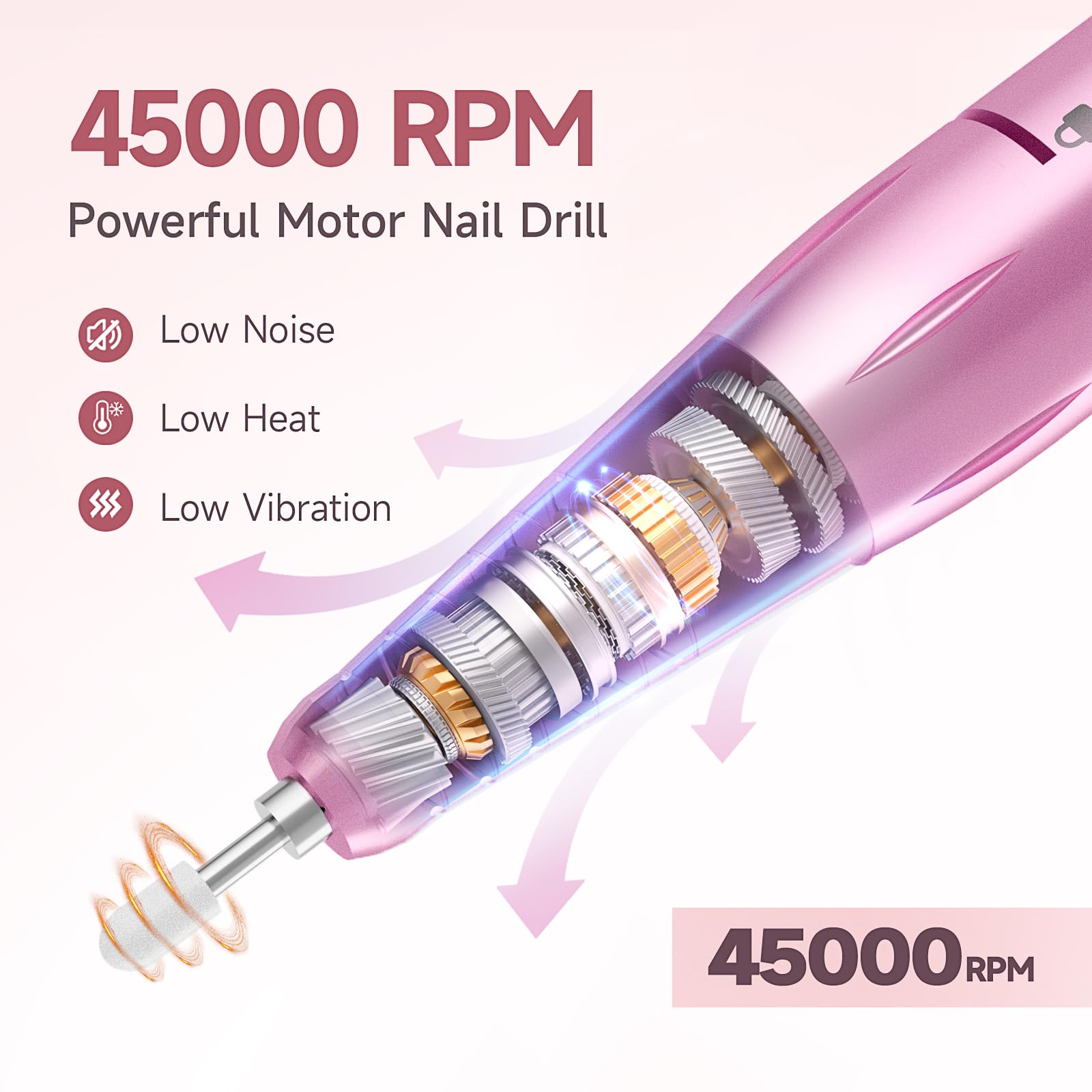 HQMPHQ nail drill 45000rpm motor close-up highlights powerful performance with minimal heat and noise.