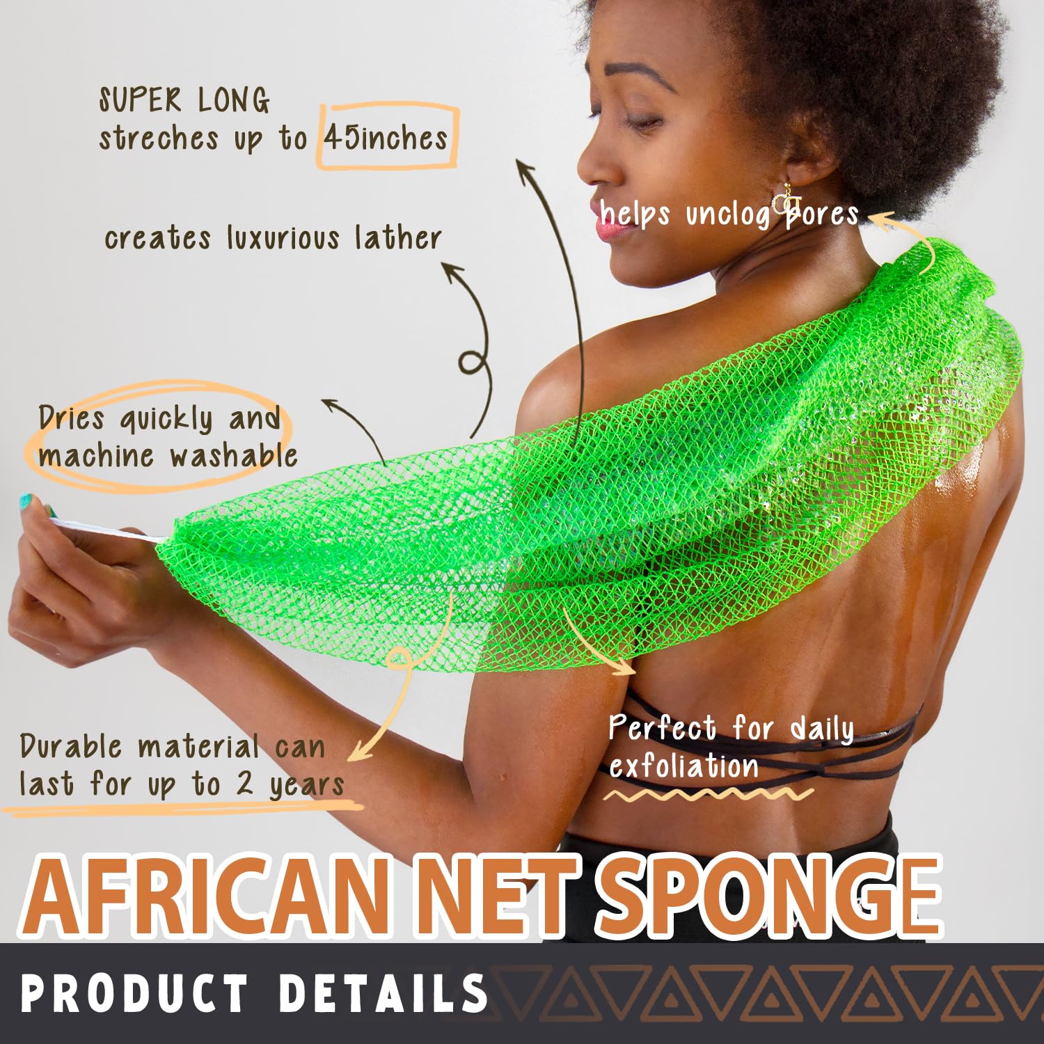 Hrsqu African Net Sponge knots close-up showcases deep exfoliation and pore cleansing.