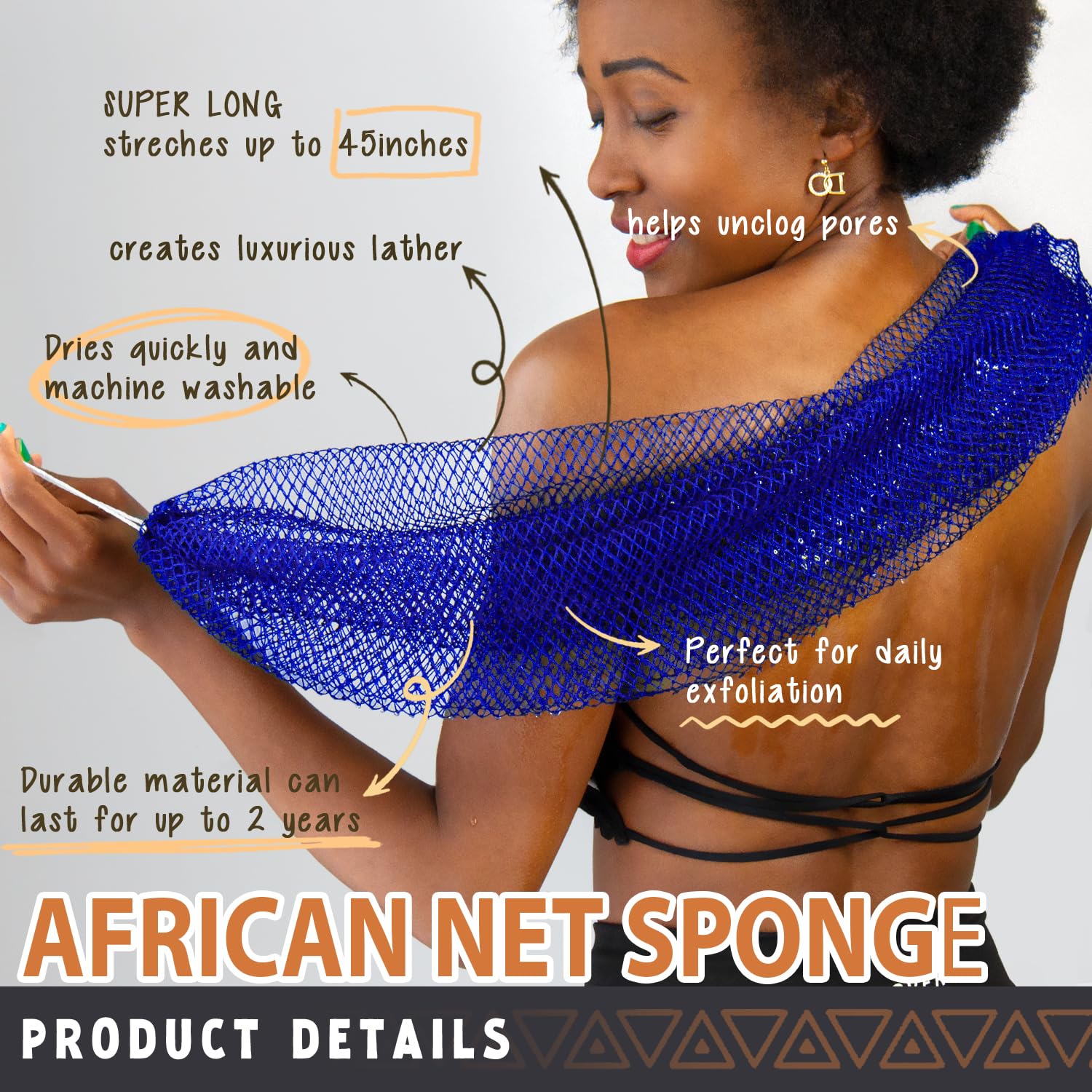 Hrsqu African Net Sponge knots closeup emphasizes exfoliation and skin renewal.