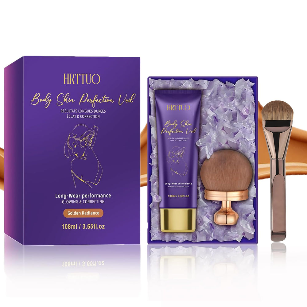 HRTTUO Body Coverage Perfector brush closeup shows precise application for flawless legs.