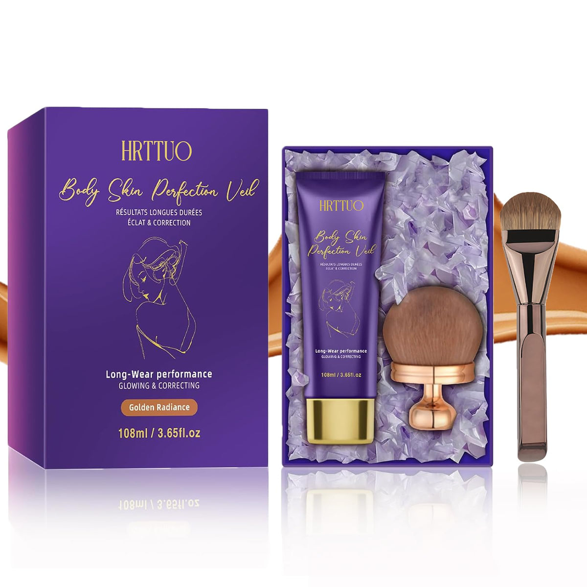 HRTTUO Body Coverage Perfector brush closeup shows precise application for flawless legs.
