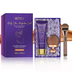 HRTTUO Body Coverage Perfector brush closeup shows precise application for flawless legs.