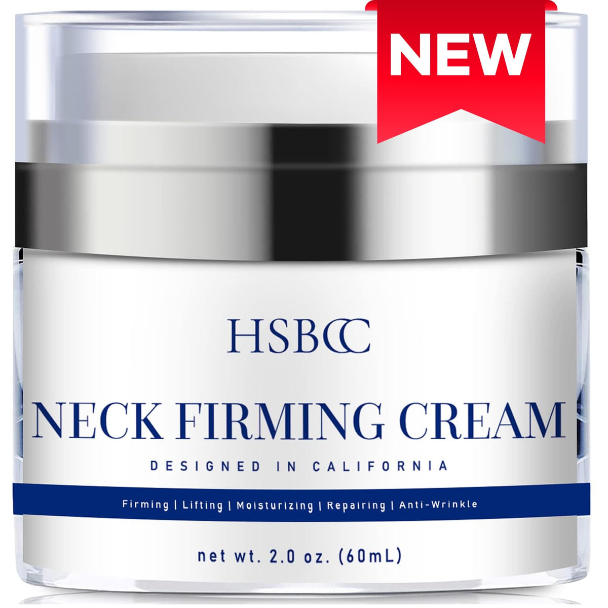 HSBCC neck cream bottle demonstrates firming action for smoother neck skin.