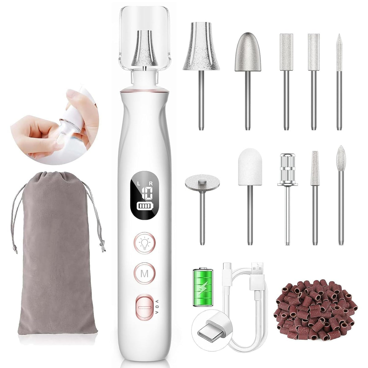 HSKAI Pro portable electric nail file with LED display for precise at-home manicure.