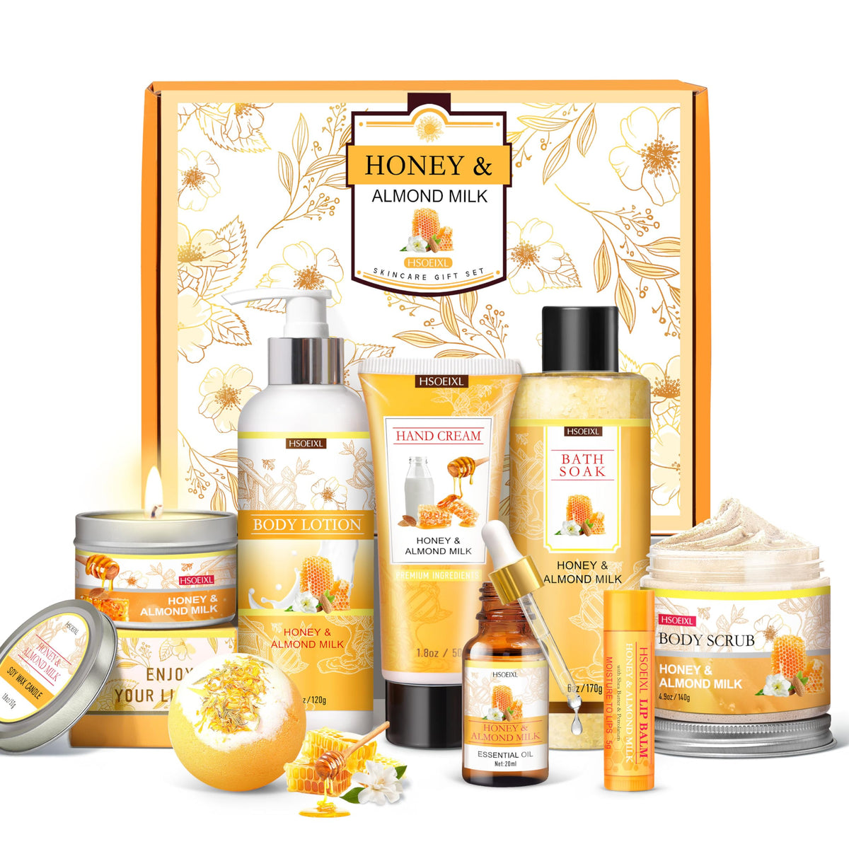 HSOEIXL 9pc almond milk honey gift box, ready-for-gifting spa set for birthdays or special occasions.