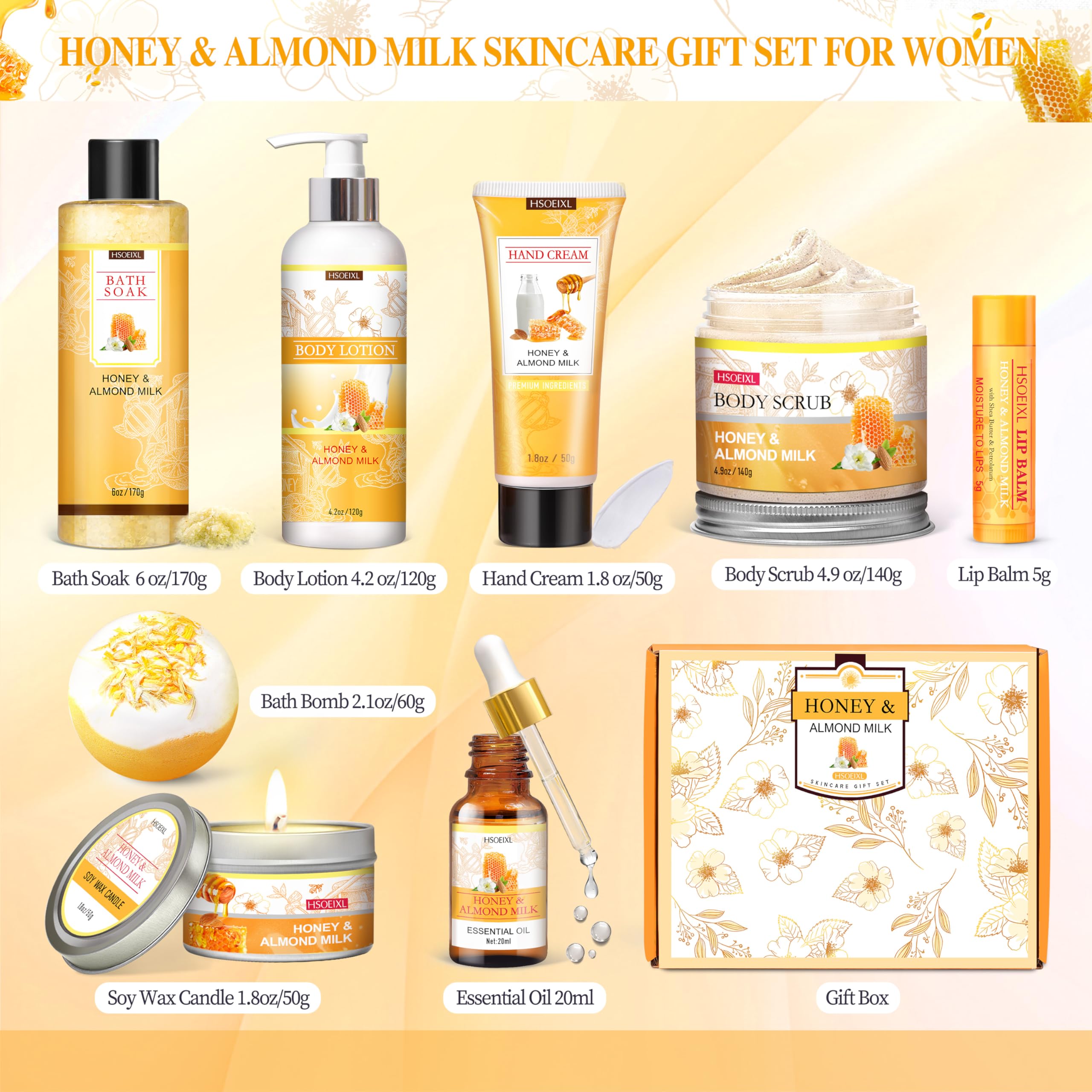 HSOEIXL almond milk honey bath soak bottle, soothing aroma for an at-home spa moment.