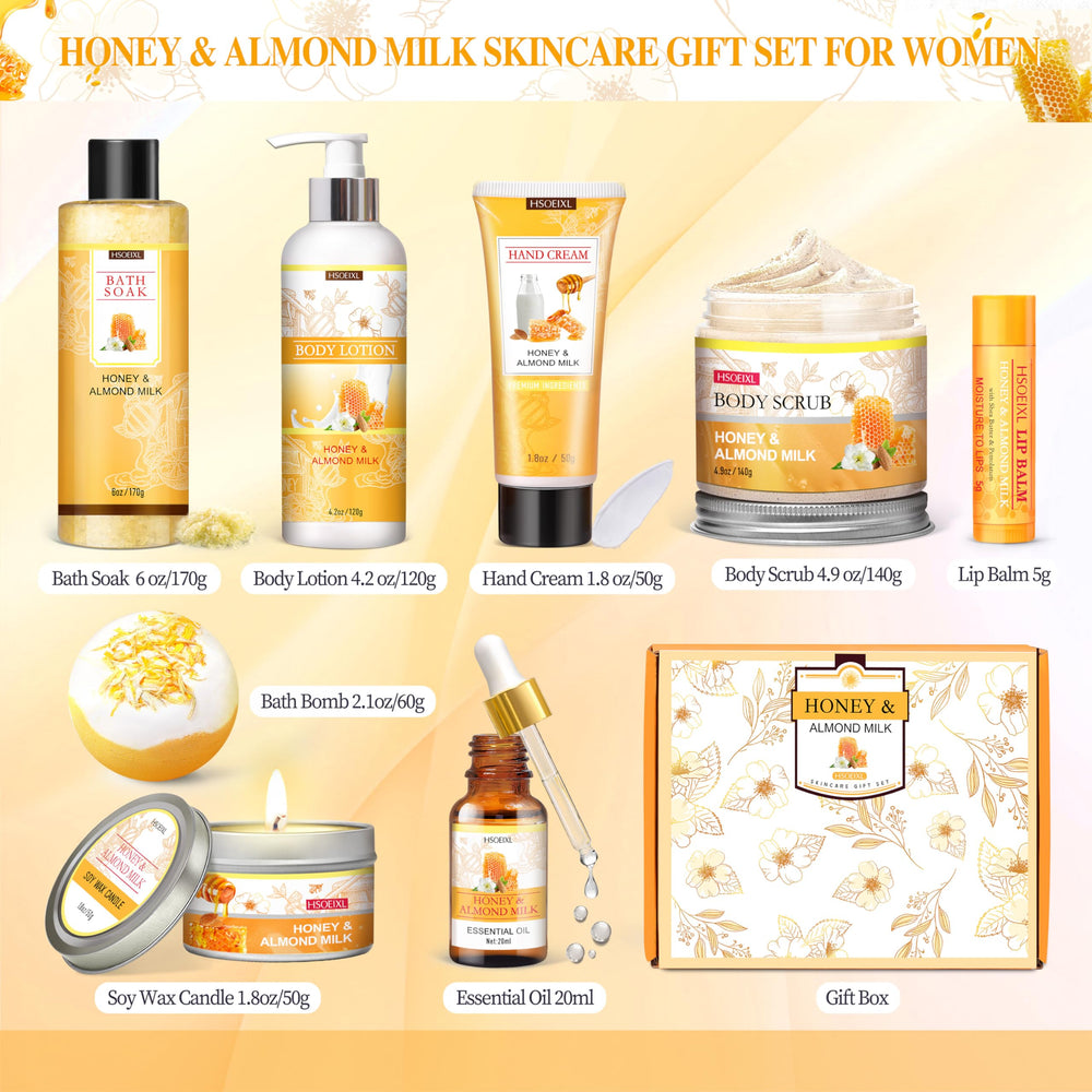 HSOEIXL almond milk honey bath soak bottle, soothing aroma for an at-home spa moment.