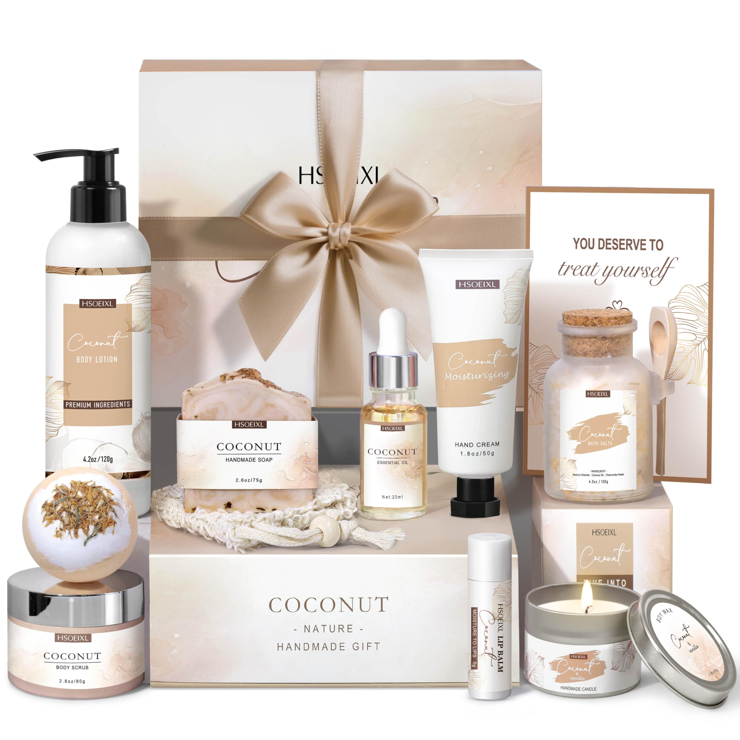 HSOEIXL Coconut Spa Gift Box showcases a luxurious at-home spa experience.