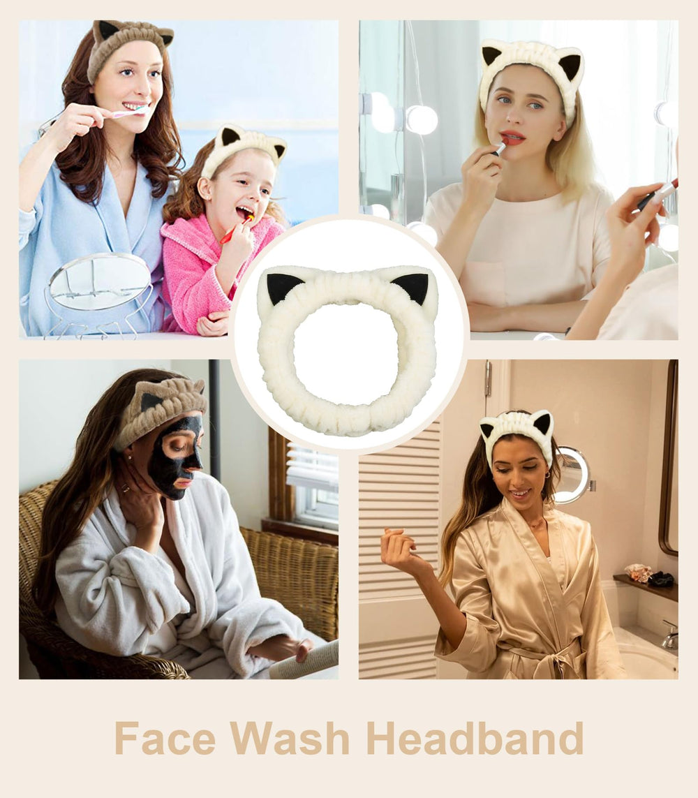Huachi cat ear spa headband soft coral fleece for makeup sessions.