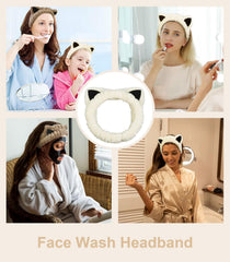 Huachi cat ear spa headband soft coral fleece for makeup sessions.