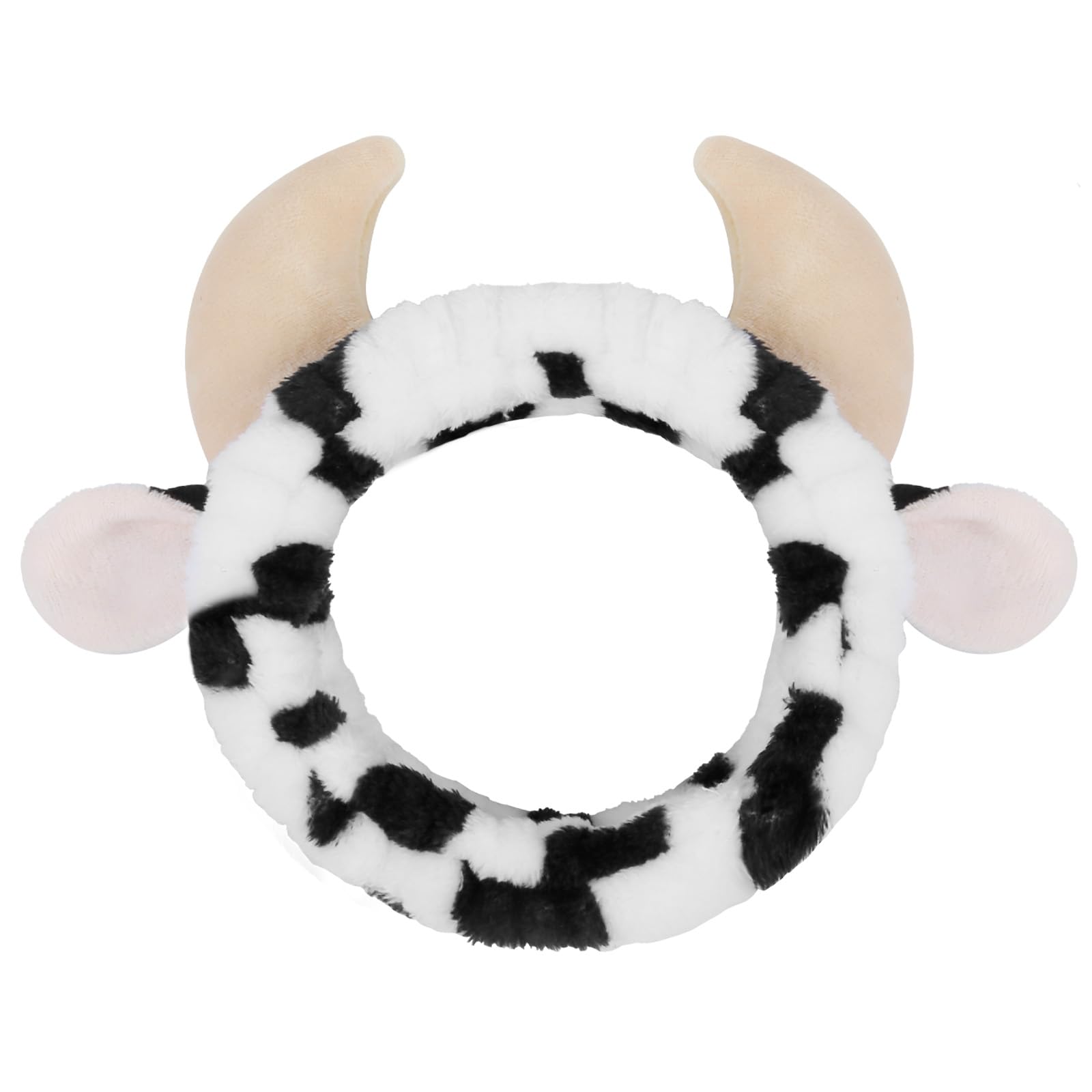 Huachi cow headband for washing face with plush fabric keeps hair tidy during cleansing.