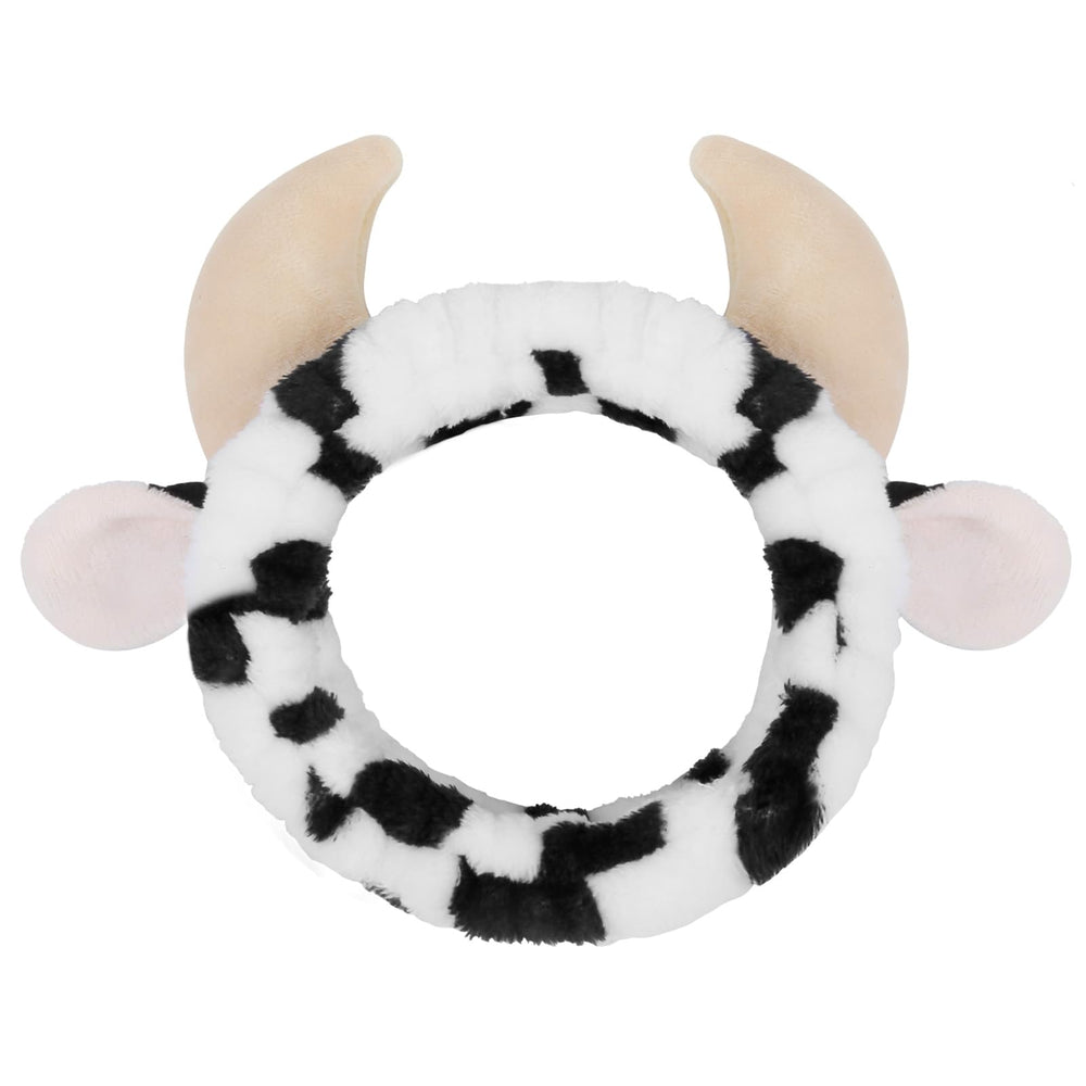 Huachi cow headband for washing face with plush fabric keeps hair tidy during cleansing.