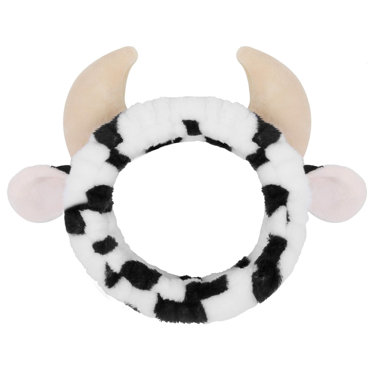Huachi cow headband for washing face with plush fabric keeps hair tidy during cleansing.