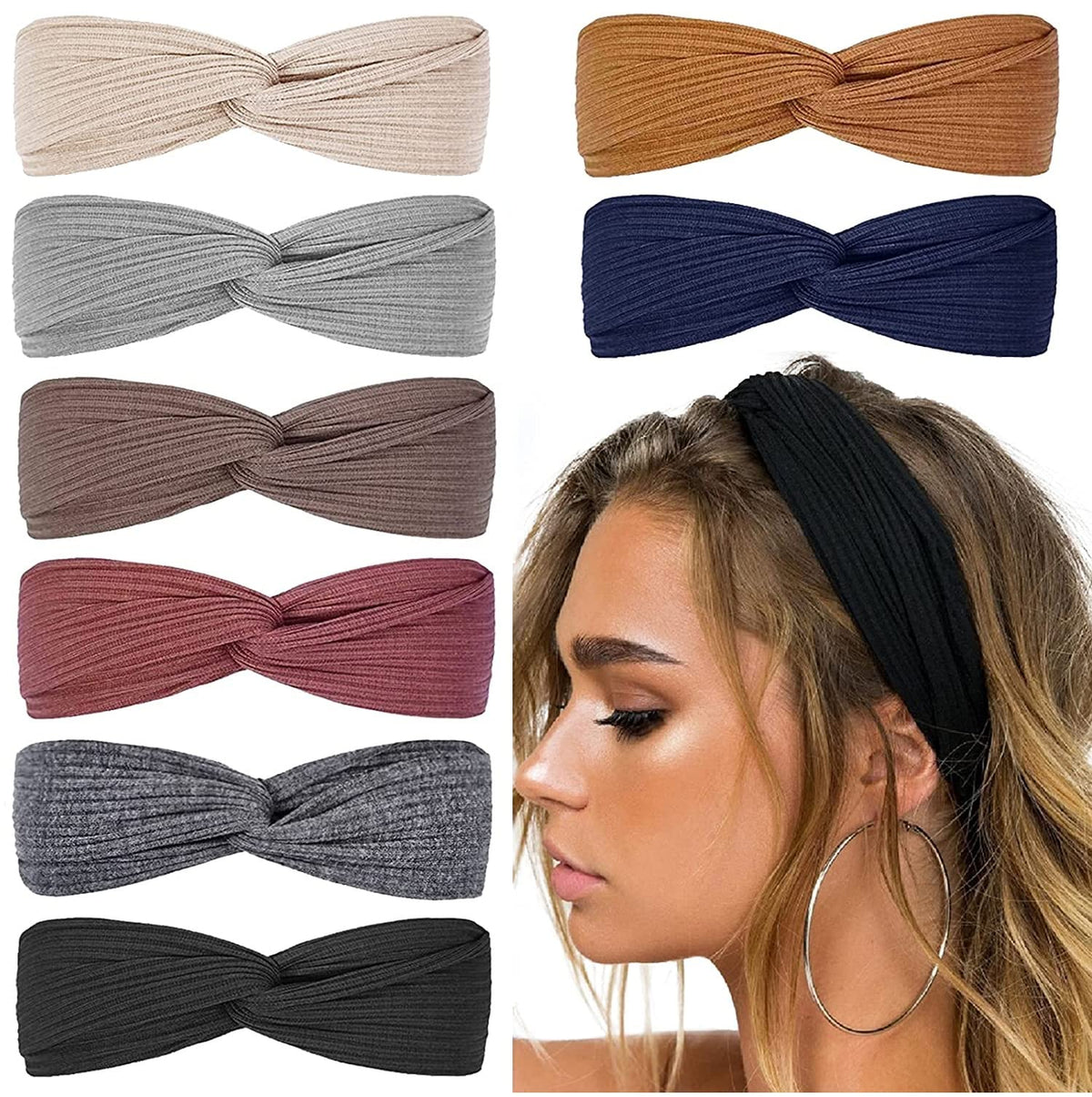 Huachi hairband ribbed knit solid color anti-slip for secure wear