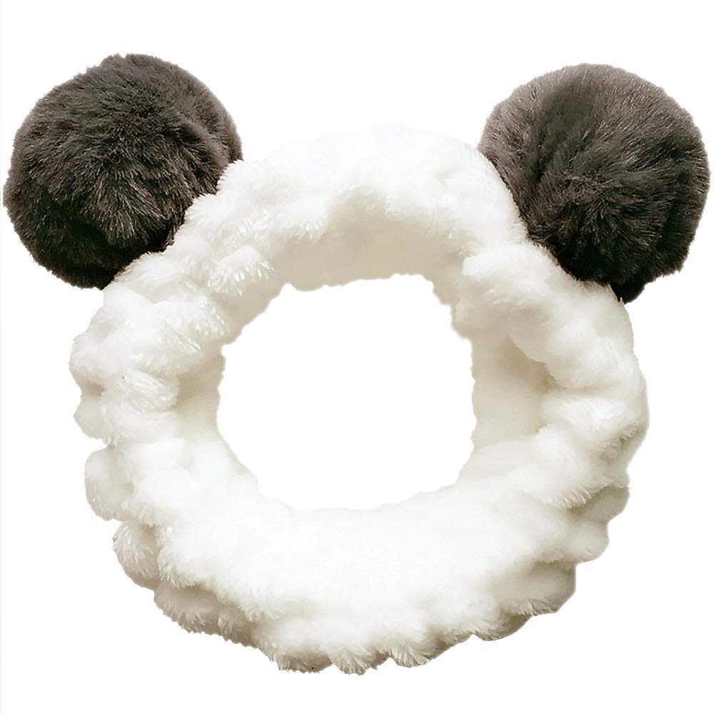 Huachi panda ears headband closeup shows plush comfort for makeup and skincare routines