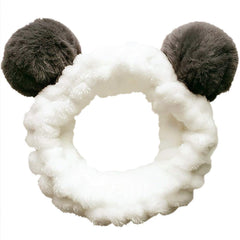 Huachi panda ears headband closeup shows plush comfort for makeup and skincare routines
