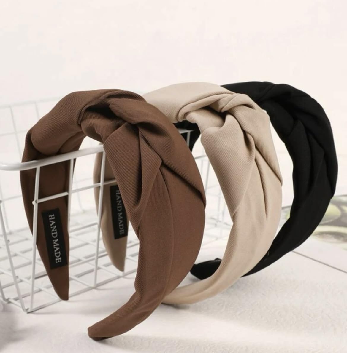 Huachi knotted headbands beige wide-band highlights comfortable fit and versatile color pairing.