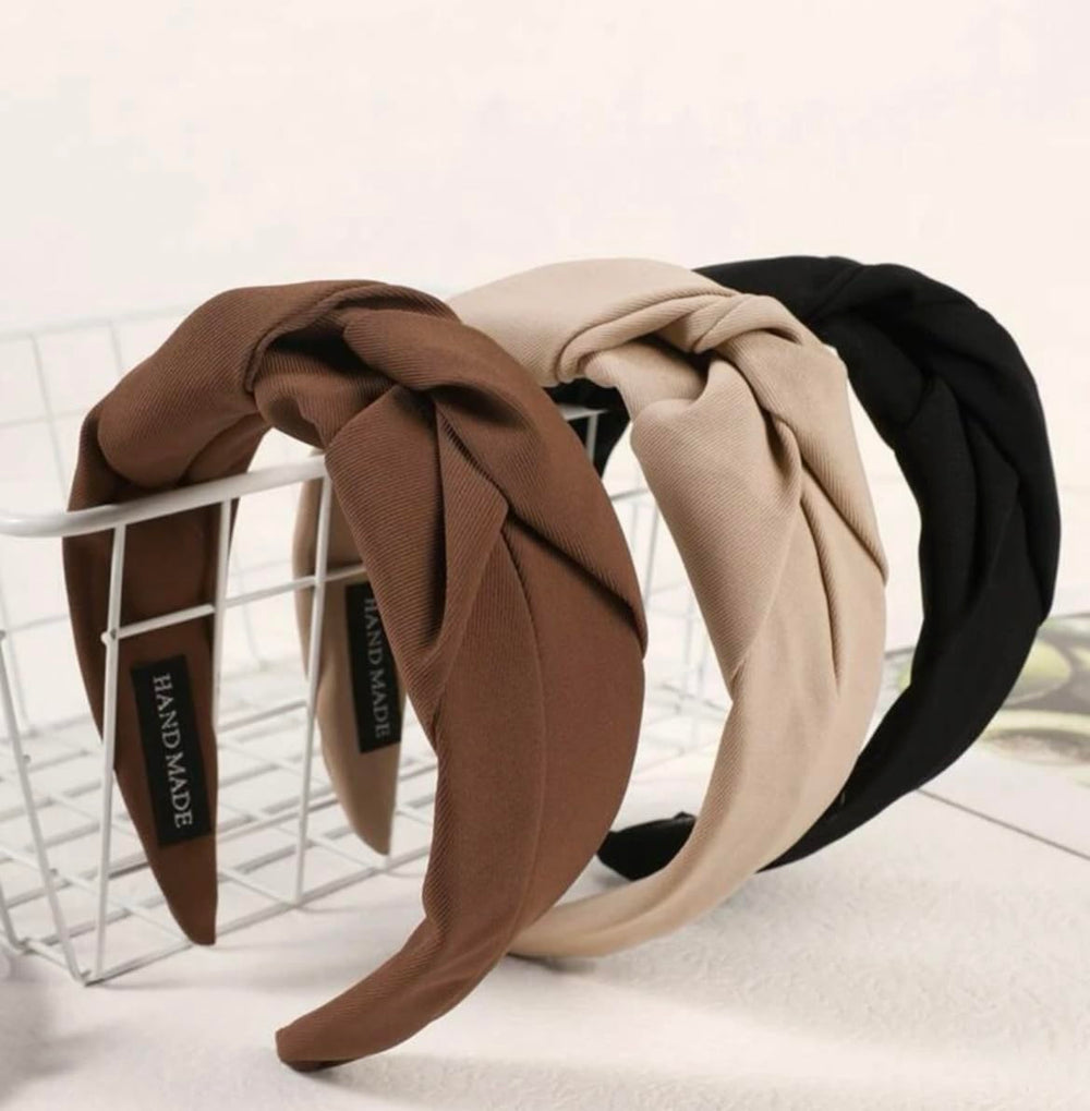 Huachi knotted headbands beige wide-band highlights comfortable fit and versatile color pairing.