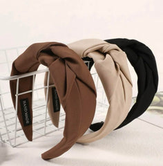 Huachi knotted headbands beige wide-band highlights comfortable fit and versatile color pairing.